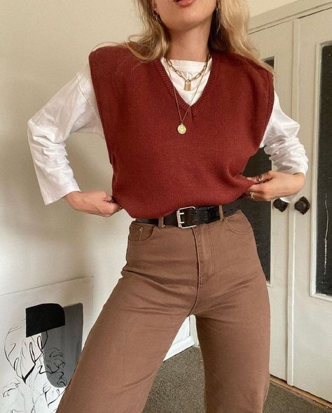 Red Vest Outfits Aesthetic, Maroon Vest Outfits For Women, Brown And Maroon Outfit, Gender Neutral Formal Outfit, Maroon Vest Outfit, Maroon Outfit Aesthetic, Red Academia Outfit, Red Vest Outfits For Women, Target Employee Outfit