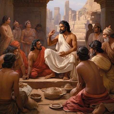 Indian Brahmin teaching lower caste people in ancient India Ancient Indian Culture, Brahmin Aesthetic, Hinduism Art Illustrations, Old Indian Art, Indian Gods Painting, Ancient India Aesthetic, Indian Fantasy Art, Indian Ancient Art, Rani Durgavati