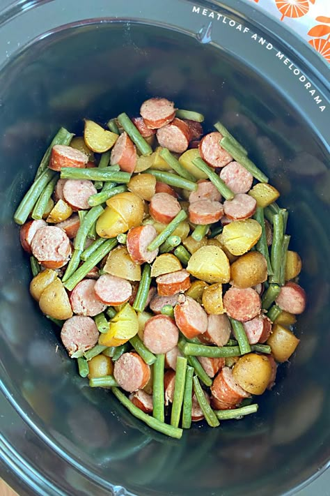 Crockpot Recipes Sausage, Sausage Potatoes And Green Beans, Sausage Potatoes Green Beans, Crockpot Sausage And Potatoes, Smoked Sausage And Potato Recipe, Sausage Crockpot Recipes, Sausage And Green Beans, Sausage Slow Cooker, Crockpot Green Beans