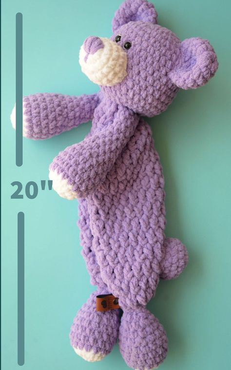 Make a classic teddy bear for the little one in your life with this crochet bear pattern! It is beginner-friendly and includes easy-to-read, step-by-step instructions. The finished bear would make a wonderful baby shower gift or birthday gift for your toddler. Crochet Animal Pattern Details Written in U.S. crochet terms in English Includes step-by-step instructions Delivered as PDF download Finished bear is 20 inches in length The body of the snuggler is unstuffed so it makes it easy for kids to carry around. If you're a fellow entrepreneur, you are also welcome to sell the finished piece! Snugglers are very popular at craft markets. Crochet Bear Pattern Materials 1 Skein of Bernat Blanket Baby; Baby Lilac 1 Skein of Bernat Blanket Baby; White 8mm and 10mm Crochet Hooks 1 Yarn Needle 1 Pai Unique Crochet Blanket, Crochet Bear Pattern, Crochet Baby Projects, Bear Patterns Free, Crochet Bear Patterns, Crochet Teddy Bear Pattern, Crochet Baby Toys, Crochet Animals Free Patterns, Crochet Teddy Bear