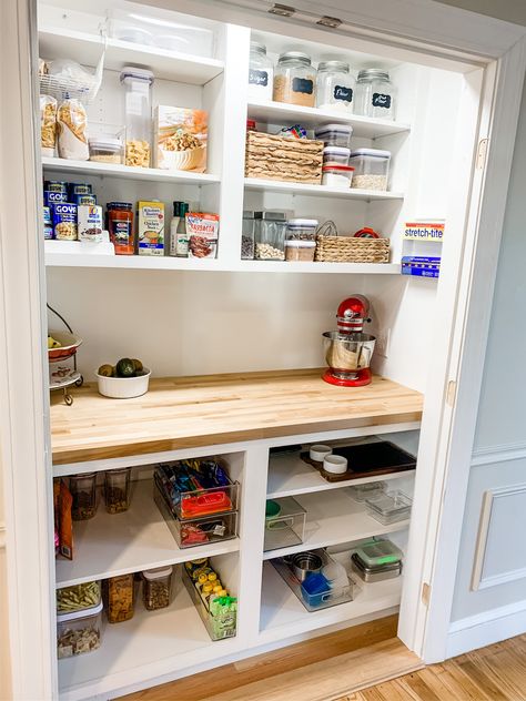 Reach-in pantry Closet Style Pantry, Reach In Pantry Design Ideas, Pantry Conversion Ideas, Shallow Closet Pantry, Pantry Closet With Counter, Pantry In Hallway, Turning A Closet Into A Pantry, Reach In Pantry Design, Pantry Coat Closet