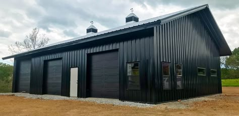 Outdoor Metal Building Ideas, Black Morton Building, Metal Building Salon, Black Pole Building, 30x40 Garage With Living Quarters, Metal Building Garage Shops, Black Steel Building, Metal Commercial Buildings, Commercial Metal Building Exterior