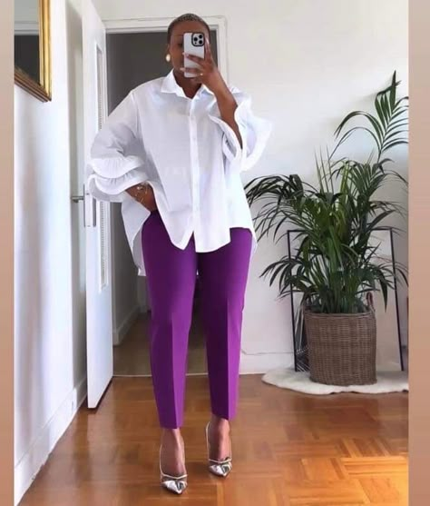 Work Outfits Women Aesthetic, Purple Trousers Outfit, Purple And White Outfit, Stylish Business Outfits, Official Wear, Cute Professional Outfits, Neat Casual Outfits, White Shirt Outfits, Modest Dresses Fashion