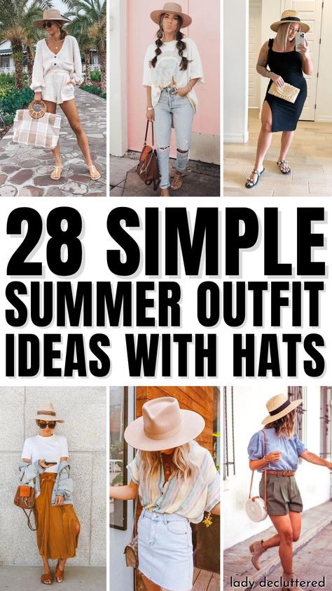 28 Simple Summer Outfit Ideas with Hats White Beach Hat Outfit, Cool Hats For Women Summer, Hat And Dress Outfit Summer, Hats For Summer Outfit, Tan Hat Outfit Summer, Casual Outfit With Hats For Women, Outfit With Straw Hat, Ladies Fedora Hats Outfit, Fedora Hat Summer Outfit