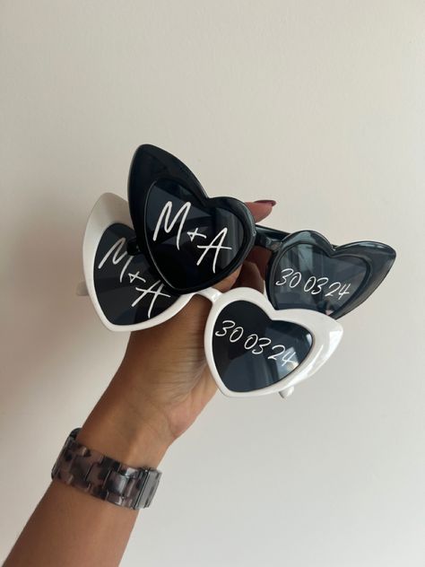 Personalsied sunglasses made using Cricut Joy Mr And Mrs Sunglasses, Sunglasses For Wedding Reception, Sunglasses At Wedding, White Sunglasses Wedding, Hen Do Sunglasses, Wedding Activities Ideas, Wedding Party Sunglasses, Wedding Sunnies, Wedding Sun Glasses