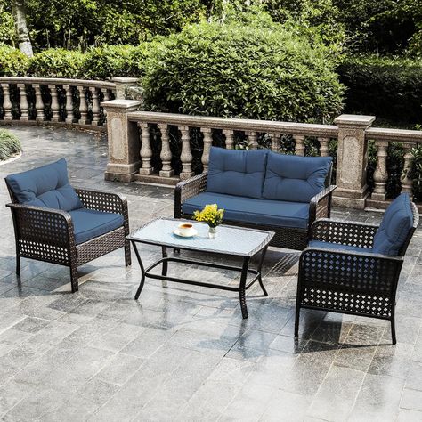 Amazon.com: RoyalCraft 4 Pieces Patio Furniture Set, Outdoor Rattan Chair Wicker Conversation Sets with Cushions and Glass Coffee Table, for Porch Balcony Garden Backyard Deck, Brown and Navy : Everything Else Rustic Outdoor Furniture, Wicker Sofa Outdoor, Rattan Patio Furniture, Metal Patio Furniture, Porch Balcony, Porch And Balcony, Garden Backyard, Wicker Sofa, Backyard Deck