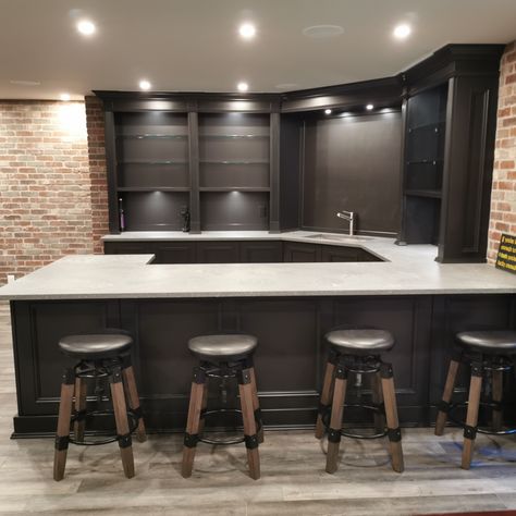 This Irish Pub inspired Home Bar was the star of this basement renovation. Irish Basement Bar, Bar Ideas For Home Basement Luxury, L Shape Basement Bar, U Shaped Basement Bar, Corner Basement Bar, L Shape Bar Ideas, Basement Bar With Island, L Shaped Bar Basement, L Shaped Basement Bar Ideas