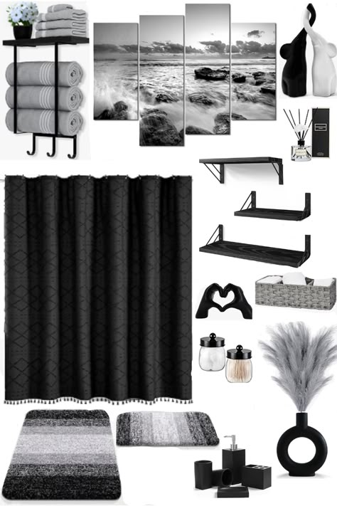 Black Grey And Silver Bathroom Decor, Black Grey And White Bathroom Decor, Black Gray And White Bathroom Ideas, Black Bathroom Inspo Aesthetic, Black Tiny Bathroom, Black And Gray Bathroom Decor, Black Guest Bathroom Ideas, Black White And Silver Bathroom Ideas, Bathroom Decor Black And Grey