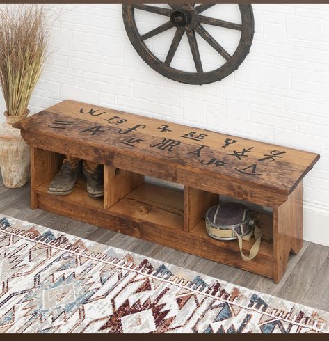 Western Bench, Rustic Mudroom, Cubby Bench, Pine Bench, Cattle Brands, Boot Rack, Cowboy Decorations, Barn Wood Projects, Knotty Pine