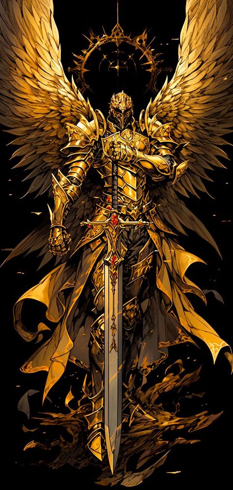 Golden Demon Art, Golden Fantasy Armor, Golden Dragon Armor, Golden Knight Fantasy Art, Golden Knight Art, Golden Knight Aesthetic, Sun Knight Fantasy Art, Golden Armor Fantasy Art, Golden Knight