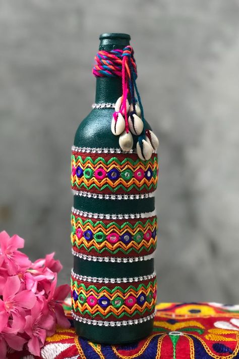 Bottle Art | Ethnic Home Decor | Mirror Work | Indian Home Decor | DIY Upcycling | KalaByMann Seashell Mirror, Ethnic Home Decor, Decor Mirror, Ethnic Decor, Diy Upcycling, Plastic Bottle Crafts, Indian Home, Indian Home Decor, Home Decor Diy