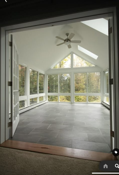 Sunroom Addition Off Kitchen Farmhouse, Four Seasons Room Flooring, Second Story Sunroom Addition, Split Level Sunroom Addition, Solarium Room Bohemian, Step Down Sunroom Addition, Attic Sunroom, Home Extension Ideas Room Additions, Family Room Addition Off Back Of House