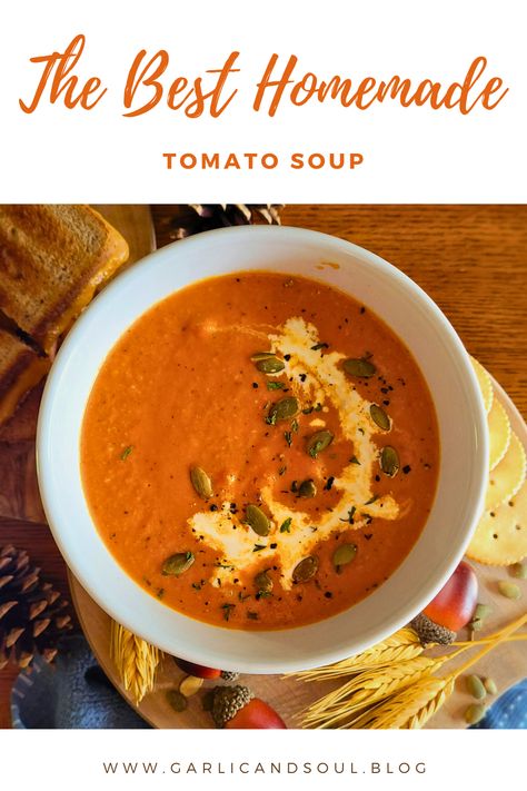 Try this flavorful, warm homemade tomato soup made from scratch! Pair with a delicious grilled cheese sandwich or a fresh salad. Fresh Homemade Tomato Soup, Cream Of Tomato Soup Homemade, Homemade Tomato Soup Crockpot, Homemade Tomatoes Soup, Homemade Roasted Tomato Soup, Tomatoe Soup Homemade Fresh Tomatoes, Vege Soups, Tomato Soup Recipe With Fresh Tomatoes, Homemade Tomato Soup With Fresh Tomatoes