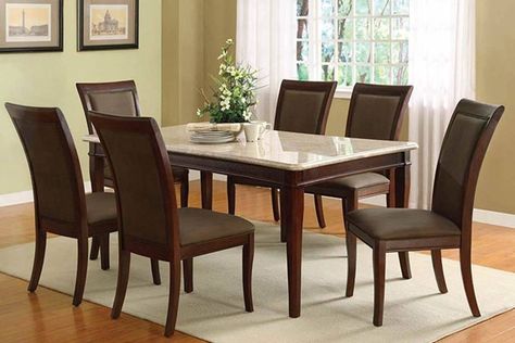 6 Seater Rectangular Wooden 🍽 Dining Table with Marble Tabletop, Cushioned Wooden Dining 🪑 Chairs & Rug in Dining Room with Wooden Flooring - GharPedia Granite Kitchen Table, Granite Dining Table, Formal Dining Room Table, Dining Room Table Marble, Wooden Dining Table Designs, Metal Dining Room, Round Marble Dining Table, Marble Top Dining Table, 6 Seater Dining Table