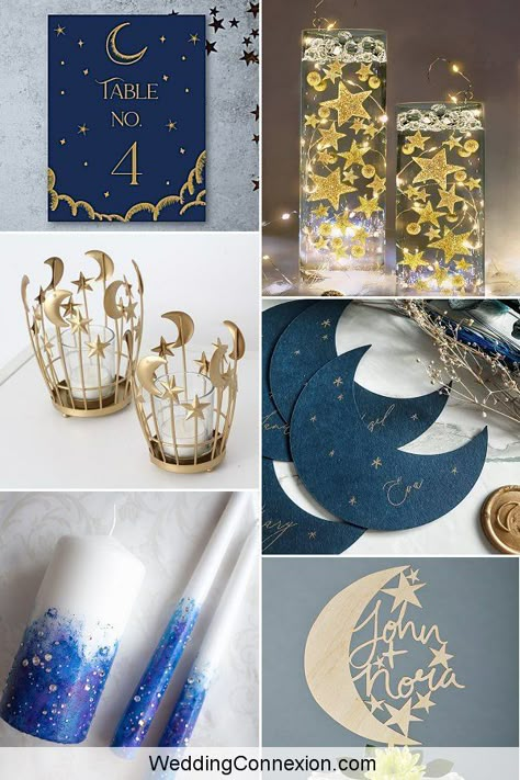 Get ready to make your big day sparkle and shine like the night sky with a starry night wedding decor. Inspired by the night sky, transform an ordinary venue with a celestial theme decor that revolves around the moon and shimmery stars in dark blue, gold, silver and black. A starry night wedding decor makes for a dreamy and romantic theme with ideas from WeddingConnexion.com A Night With The Stars Theme, Galaxy Theme Table Decor, Starry Wedding Decor, Starry Night Gender Reveal, Night Sky Wedding Decor, Celestial Table Centerpiece, Wedding Dark Blue Theme, Starry Night Bridal Shower Ideas, Diy Celestial Wedding Decor