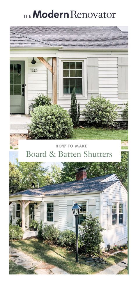 Light Grey Shutters White House, Board And Batten Shutters On Siding, Shutter Color For White House, Cottage Exterior Shutters, White Shutters Exterior, White House With Shutters, Diy Shutters Exterior, White Vinyl Siding, Cottage Shutters