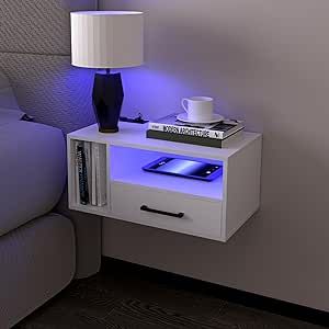 Homaterial Floating Nightstand with Charging Station and LED Lights, Floating Bedside Table with Drawers Wall Mounted Nightstands,for Bedroom Room, 21.3" x 11.8" x 10",White Mounted Side Table, Diy Floating Nightstand Ideas, Floating Bedside Table With Light, Floating Night Stand, Floating Bedside Table Ideas, Suspended Night Stand, Floting Bedside Table, Floating Bed With Led Lights And Storage, Hanging Side Table