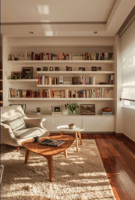 Library In The Living Room, Book Shelf In Living Room Idea, Small Book Room Ideas, Small Book Room, Study Place Ideas, Simple Home Library, Small House Library, Simple Room Ideas Minimalism, Armchair Nook