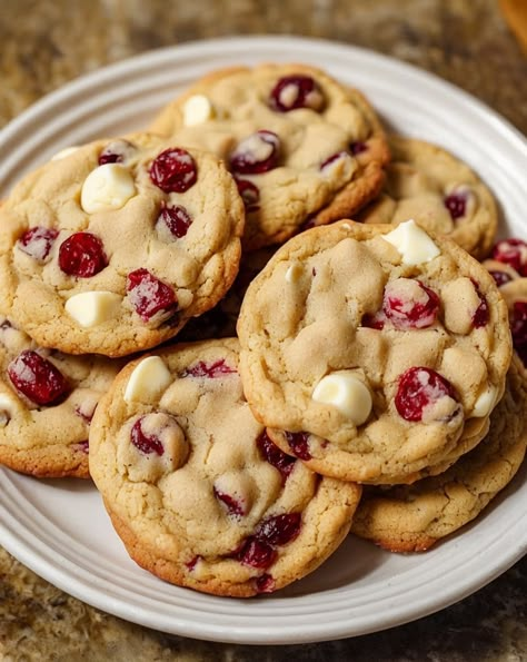 Indulge in soft, chewy White Chocolate Cranberry Cookies—perfectly sweet and tangy. A festive treat that's quick to bake and even quicker to devour! #HolidayBaking #FestiveCookies #WhiteChocolate #CranberryCookies #DessertRecipes White Chocolate Cookies Christmas, White Chocolate Chip Cookies With Dried Cranberries, Christmas White Chocolate Cranberry Cookies, Sugarplum Cranberry Cookies, Subway Cranberry White Chocolate Cookies, White Chocolate Cranberries, White Choc Chip Cranberry Cookies, Cranberry Noel Cookies, White Chocolate Chip And Cranberry Cookies