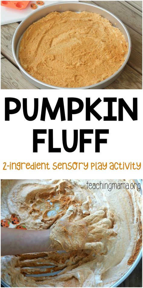 Pumpkin Fluff Sensory Activity - a really fun sensory play activity for children. And you only need 2 ingredients! Thanksgiving Sensory, Pumpkin Lesson Plans, November Lesson Plans, Thanksgiving Lesson Plans, Pumpkin Lessons, Pumpkins Preschool, Pumpkin Fluff, Sensory Play Ideas, Thanksgiving Toddler