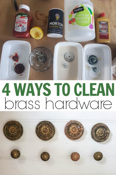 Comparison of 4 kinds of brass cleaners - ketchup, lemon and salt, vinegar and salt, and brasso Diy Brass Hardware, How To Clean Furniture Hardware, Clean Brass Hardware, Restore Brass Hardware, How To Clean Brass Hardware, Brass Polish Diy, Cleaning Brass Hardware, How To Clean Brass Hardware Drawer Pulls, Brass Cleaner