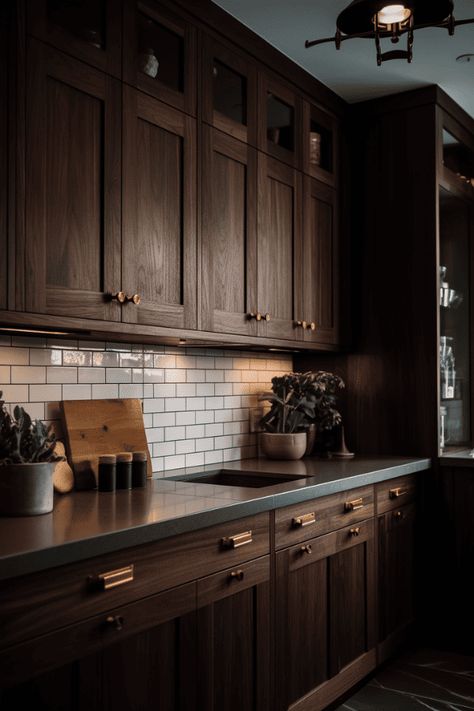 Dark Brown Kitchen, Dark Wood Kitchen Cabinets, Diy Kitchen Cabinets Painting, Brown Kitchen Cabinets, Brown Cabinets, Brown Kitchens, Interior Vintage, Wood Kitchen Cabinets, Painting Kitchen Cabinets