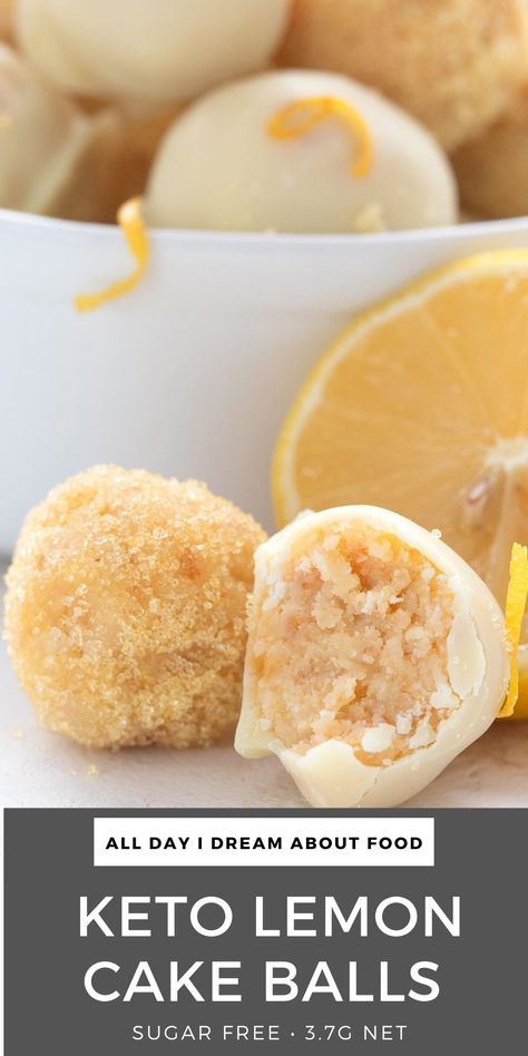 Close up shot of two keto lemon truffles, one with a bite taken out of it. Keto Lemon Balls, Keto Cake Balls Recipe, Keto Lemon Truffles, Keto Cake Balls, Sugar Free Lemon Desserts, Low Calorie Lemon Desserts, Keto Lemon Desserts, Keto Cake Pops, Snickerdoodle Truffles