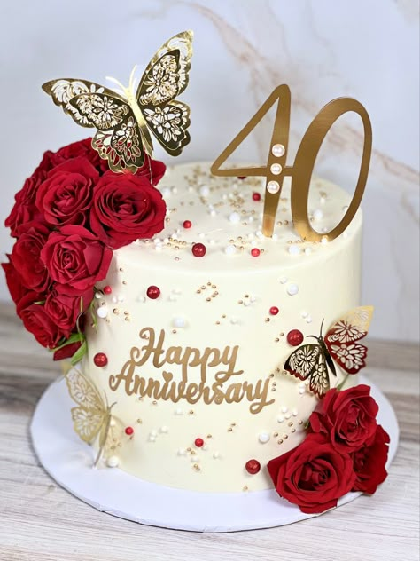 Simple Anniversary Cakes, 40th Wedding Anniversary Cake, 40th Birthday Cake For Women, Birthday Cake For Women Elegant, Anniversary Cake Designs, Red Birthday Cakes, Happy Anniversary Cakes, Cake For Husband, Wedding Anniversary Cakes