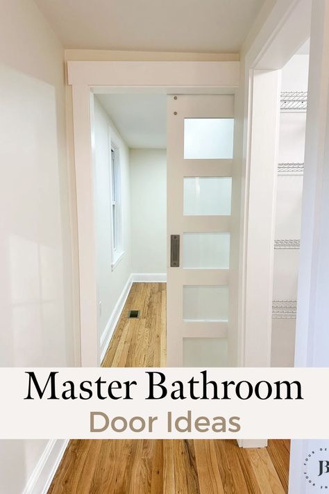 master bathroom door ideas including pocket and sliding Bathroom No Door Master, Door From Bedroom To Bathroom, Master Bath French Doors, Bedroom Bathroom Door Ideas, Bathroom Entrance Door Ideas, French Door Bathroom Entrance, French Doors To Master Bath, Bathroom Pocket Door Ideas Modern, Master Bath Doors