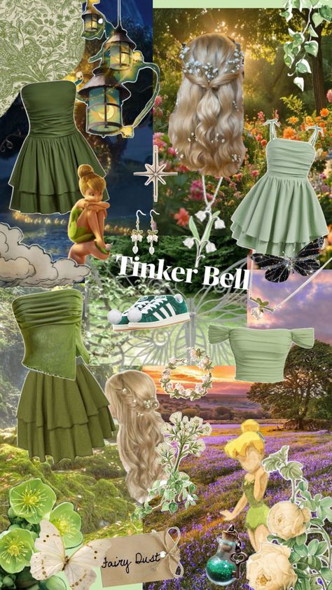 Tinker Bell Outfit Ideas, Tinkerbell Costume Teenage, Aesthetic Tinkerbell Costume, Tinkerbell Dress Aesthetic, Tinker Bell Inspired Outfits, Halloween Costumes Tinker Bell Fairies, Tinkerbell Inspired Outfits, Green Tinkerbell Dress, Women’s Tinker Bell Costume