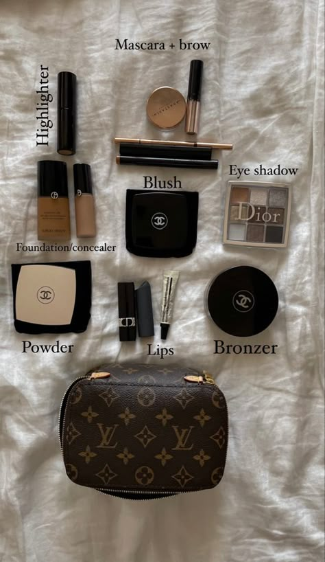 Glowy Makeup Routine, Chanel Bronzer, Makeup Lip Products, Armani Foundation, Chanel Powder, Minimalist Makeup Bag, Chanel Makeup Bag, Channel Makeup, Dior Eyeshadow