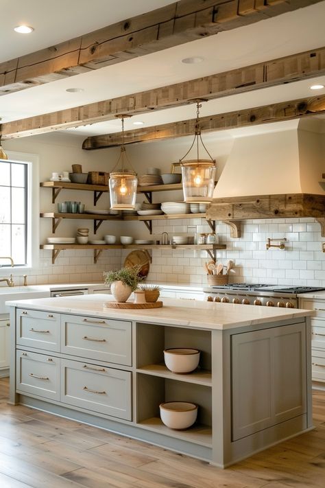 Country Kitchen With Table In Middle, Dyi Kitchen Island, Lake House Kitchens, Country Farmhouse Kitchen Ideas, Small Kitchens With Islands, Kitchen With Small Island, Island Ideas For Small Kitchens, Farmhouse Island Kitchen, Practical Kitchen Ideas