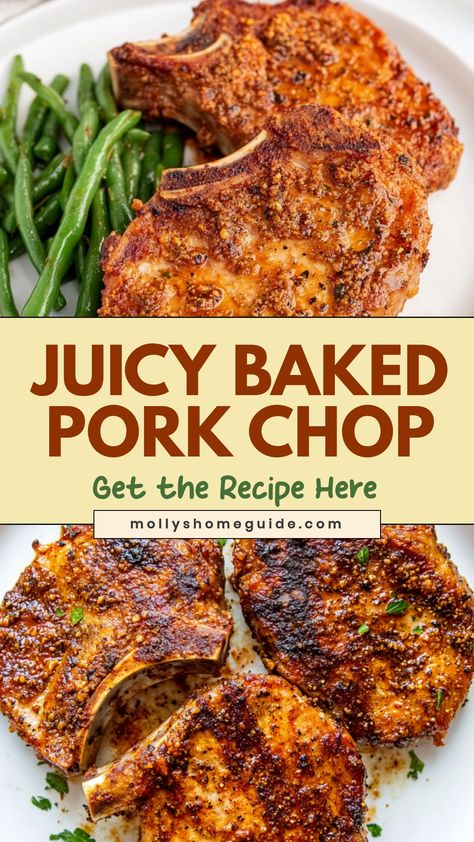 Satisfy your cravings with our mouthwatering baked pork chop recipe that will surely become a family favorite. These juicy and tender pork chops are seasoned to perfection and baked to golden perfection, creating a flavorful dish that is both easy to make and incredibly delicious. Whether you're preparing a quick weeknight dinner or hosting a special gathering, these baked pork chops are sure to impress. Serve them alongside your favorite sides for a hearty and satisfying meal that everyone will How To Prepare Pork Chops, Bobby Flay Pork Chops, Cowboy Pork Chops, Porkchops Dinner Ideas Bone In, How To Make Juicy Pork Chops, Crispy Oven Baked Pork Chops Bone In, Fast Pork Chop Recipes, Iowa Chops Recipe Oven, How To Bake Pork Chops