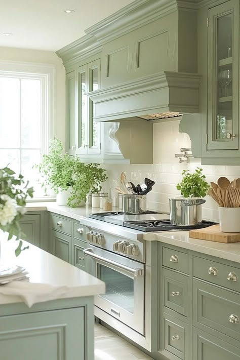 29 Sage Green Kitchen Ideas To Transform Your Kitchen With Soft Hues - Courtneys World Sage Green Kitchen Quartz Worktop, Sage Color Kitchen, Sage Green Galley Kitchen, Saybrook Sage Kitchen, Clary Sage Kitchen, Light Sage Kitchen, Sage Backsplash, Clary Sage Kitchen Cabinets, Sage Green Kitchen Cabinets Farmhouse