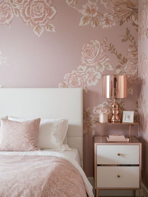 Liven up a mauve girls bedroom with a trendy accent wall. Try using removable wallpaper in a bold floral or geometric pattern for added style. Complete the look with modern white furniture and accents in gold or rose gold for a sophisticated touch. Mauve Girls Bedroom, Modern White Furniture, Gold Accents Bedroom, Soccer Themed Bedroom, Mauve Bedroom, Gold Paint Colors, Gold Accent Wall, Rose Gold Painting, Rose Gold Theme