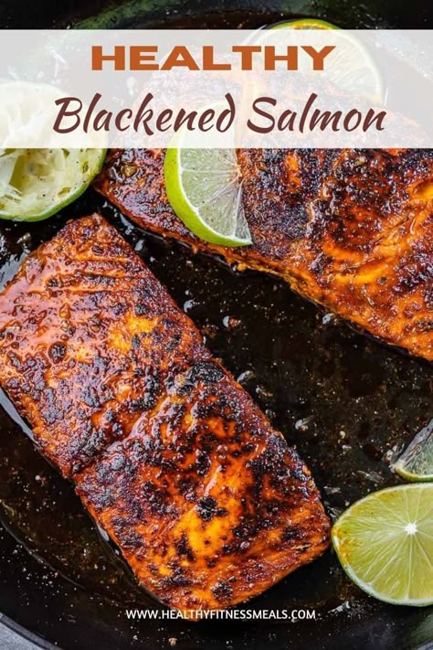 This blackened salmon recipe is started off in a skillet, then baked in the oven until perfection! Flaky tender salmon is delicious with bold flavors and a healthy, low-carb option for dinner! #salmonrecipe #blackenedsalmon #bakedsalmon Blackened Salmon Recipes, Salmon Recipes Oven, Salmon Recipes Baked, Salmon Recipes Baked Healthy, Salmon Marinade, Oven Baked Salmon, Blackened Salmon, Fish Dinner Recipes, Healthy Salmon Recipes