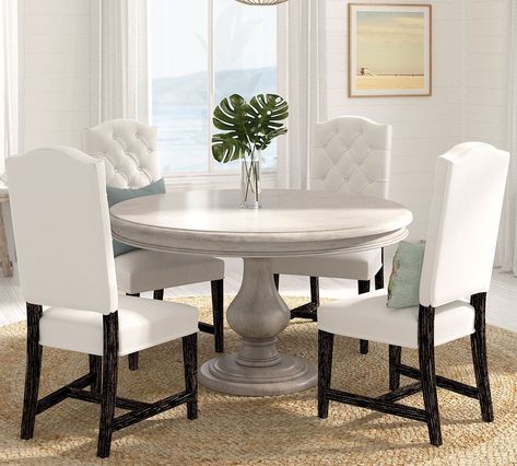 Pottery Barn Round Table Dining Rooms, 42” Round Table, Round Dining Table Pedestal Base, Round Dining Room Tables And Chairs, White Washed Round Dining Table, White Pedestal Dining Table, Round Dining Table Ideas, Pottery Barn Dining Room, Pottery Barn Dining Table