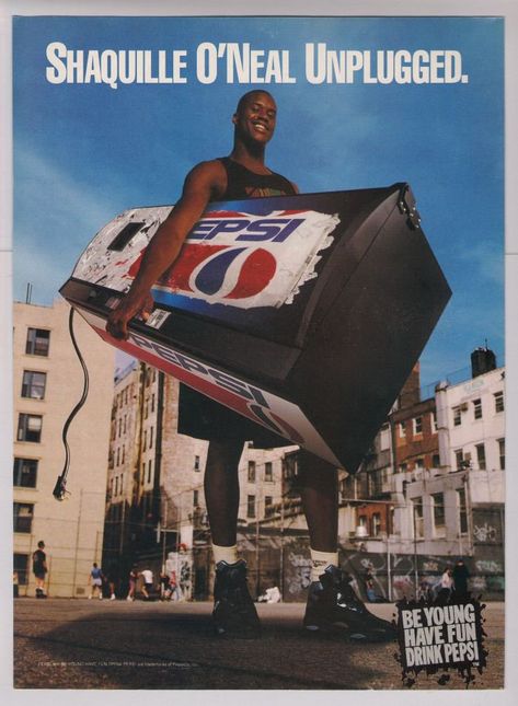 PEPSI Shaquille O'Neal PRINT AD '90s  Gives the feeling of Shaq being "larger than life." King Cyrus, Sport Marketing, Shaquille O’neal, Pepsi Ad, Nba Art, Basketball Posters, Sports Marketing, Basketball Photography, Nba Pictures