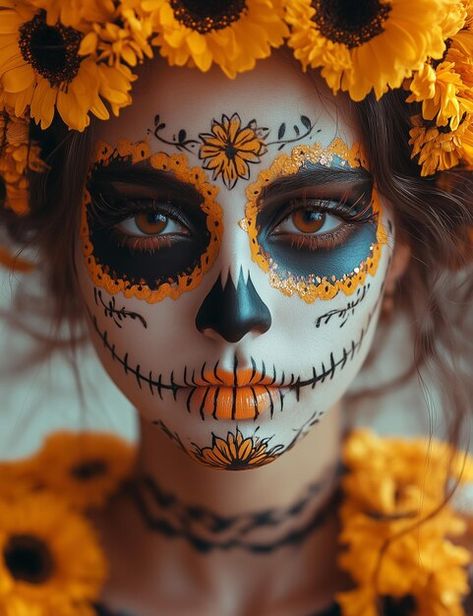 Dia De Los Muertos Makeup With Jewels, Dis Los Muertos Makeup, Sugar Skull Makeup Ideas, Sugar Skull Facepainting, Easy Catrina Costume, Orange Catrina Makeup, Catrina Makeup Mexicana Easy, Day Of The Dead Makeup Ideas, Sugar Skull Head Piece Diy