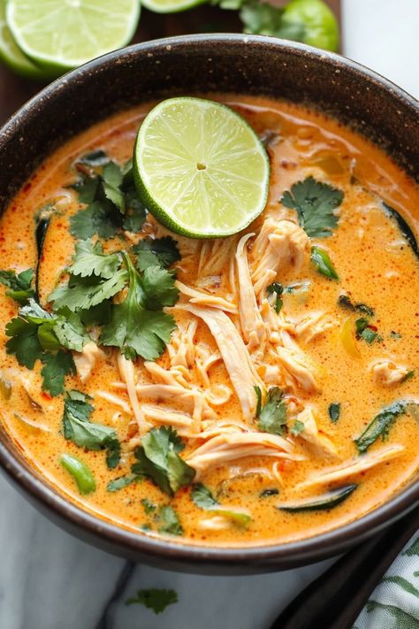 Thai Chicken Curry Soup is a vibrant, spicy, and creamy dish that blends traditional Thai flavors with tender chicken and veggies. Thai Veggie Soup, Thai Coconut Curry Chicken Soup Easy Recipes, Crockpot Thai Chicken Soup, Thai Red Curry Chicken Soup, Turkey Thai Soup, Creamy Thai Soup, Keto Curry Soup, Wicked Thai Chicken Soup, Thai Chicken Curry With Coconut Milk