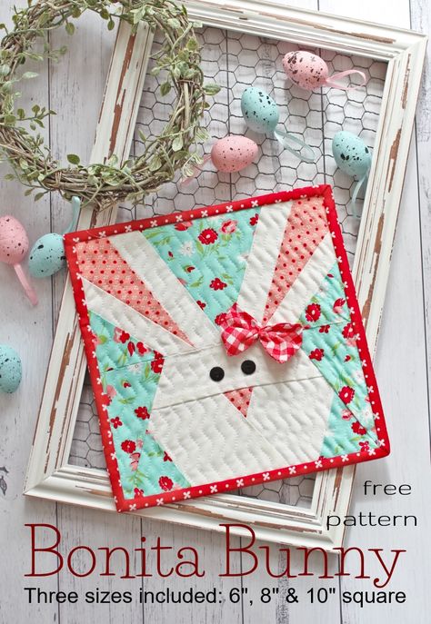 {Free Pattern} - Bonita Bunny Threadbare Creations, Easter Quilts, Mini Quilt Patterns, Bunny Quilt, Mug Rug Patterns, Spring Quilts, Free Sewing Pattern, Easter Coloring Pages, Holiday Quilts