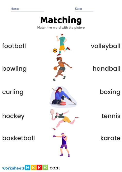 Match Sports Pictures and Names Activity PDF Worksheets For Kindergarten - WorksheetsHere.com Pentathlon, Nordic Skiing, Triple Jump, Worksheets For Kindergarten, Synchronized Swimming, Name Activities, Vocabulary List, Physical Development, Inline Skating