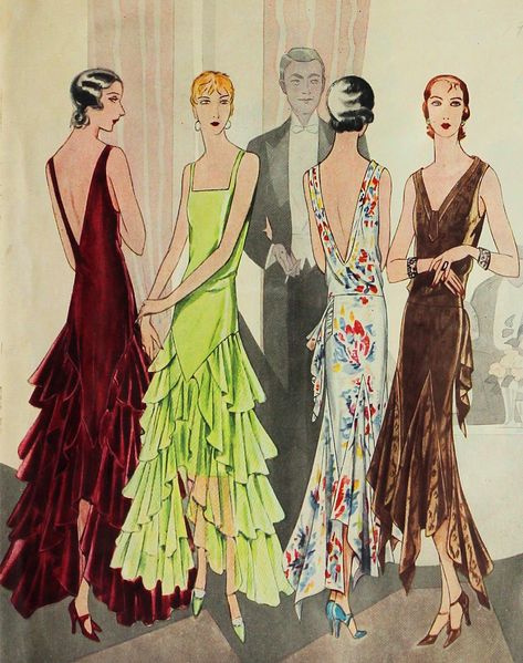 Gods and Foolish Grandeur: A rocky descent - transitional hemlines, circa 1928-30 1920s Evening Gowns, 1920s Gown, 1920s Evening Dress, 1930 Art, 1920 Fashion, 1920's Fashion, Gilmore Girl, 30s Fashion, 20th Century Fashion