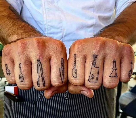 Cooking Tattoo, Culinary Tattoos, Knuckle Tattoo, Austin Tattoo, Chef Tattoo, Food Tattoos, Finger Tats, Knuckle Tattoos, Doodle Tattoo