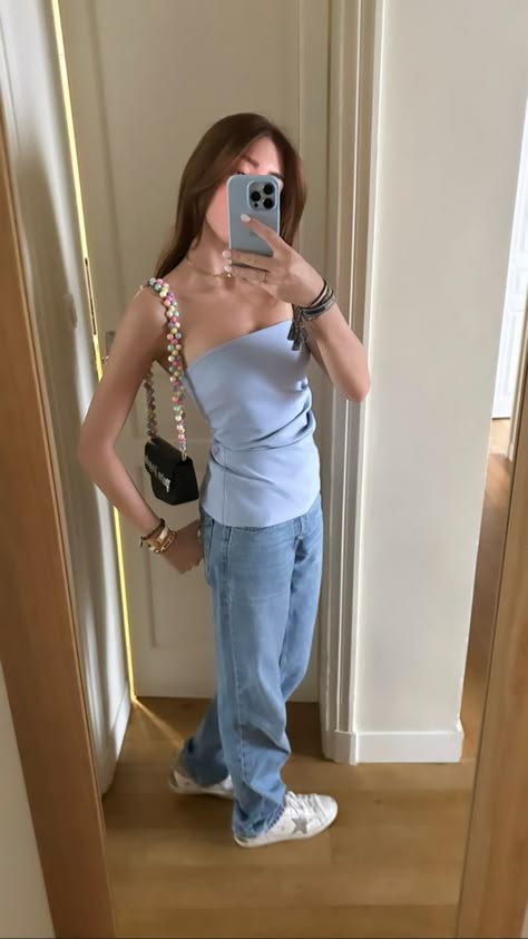 summer outfit | blue outfit | tube top | golden goose | outfit inspo Blue Tube Top Outfit Aesthetic, Outfits With Golden Goose Shoes, Golden Outfits Aesthetic, Golden Goose Aesthetic Outfit, Golden Goose Fits, Golden Goose Outfit Ideas, Golden Goose Shoes Outfit, Golden Goose Outfit Summer, Tube Top Summer Outfits