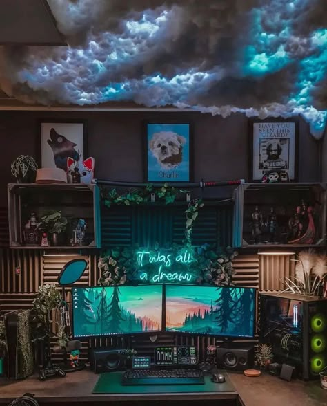 Cool Gaming Rooms, Gaming Room Setup Ideas, Gaming Computer Room, Cyberpunk Room, Room Setup Ideas, Nature Games, Nixie Tube Clock, Cloud Ceiling, Small Game Rooms