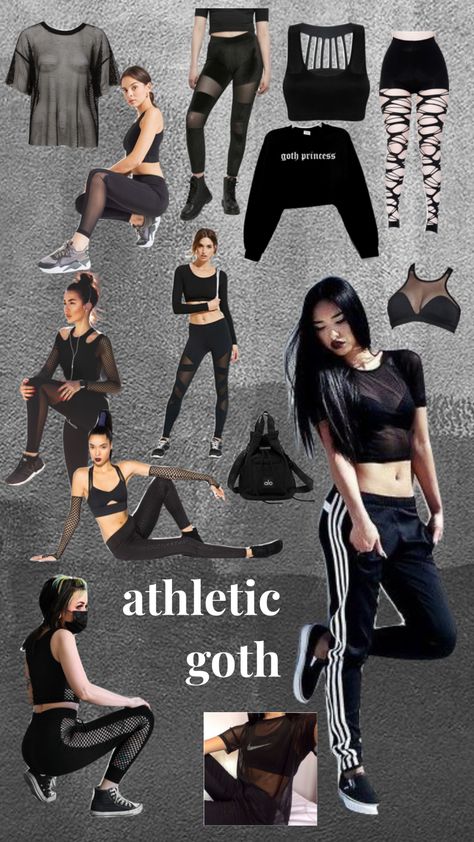 Goth Fitness Aesthetic, Athletic Alt Outfits, Goth Workout Aesthetic, Emo Workout Clothes, Alternative Athletic Outfits, Goth Fitness Outfit, Goth Athleisure Outfits, Alt Athletic Wear, Sporty Goth Aesthetic