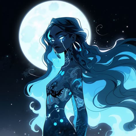 Dark Blue Character Design, Bioluminescent Water, Celestial Oc, Celestial Character Design, Water Demon, Water Genasi, Best Hairstyles For Women, Celestial Magic, Strange Facts