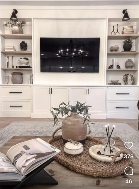 Living Room Without Fireplace, Large Living Room Layout, Living Room Upstairs, Built In Shelves Living Room, Living Room Decor Neutral, Shelf Decor Living Room, Living Room Built Ins, Living Room Entertainment Center, Living Room Arrangements