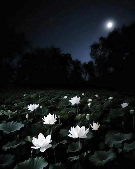 Lotus at night Moon Flower Aesthetic, Tara Aesthetic, Coolest Backgrounds, Moonlight Flowers, Lotus Aesthetic, Dark Lotus, Flowers At Night, Lotus Flower Wallpaper, Moon Flowers